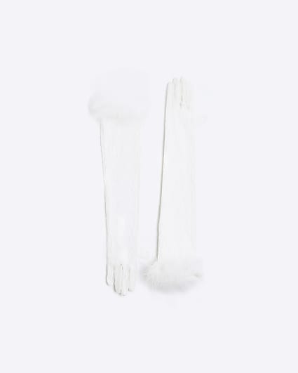 White Lace Feather Trim Gloves