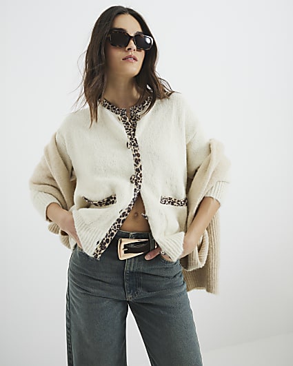 Cream Leopard Trim Cardigan