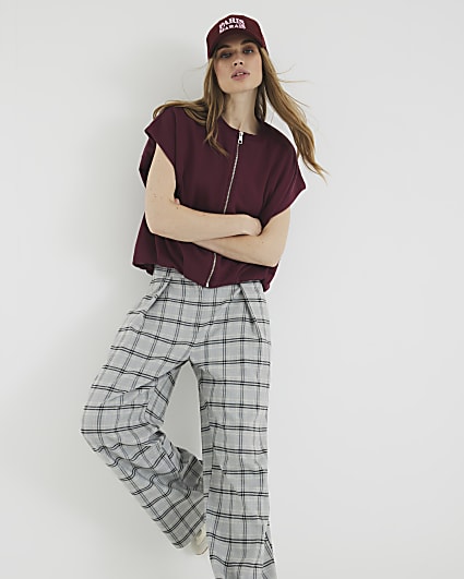 Grey Wide Leg Pleated Check Trousers