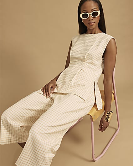 Cream Checked Wide Leg Cropped Trousers