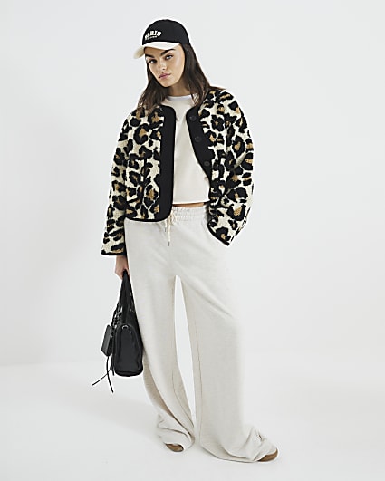 Beige Borg Leopard Trim Jacket