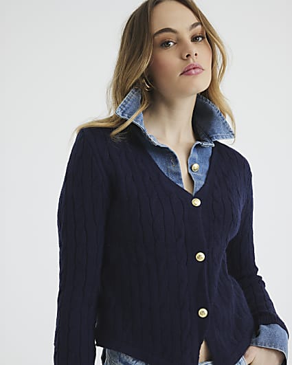 Blue Denim Shirt Knitted Cardigan