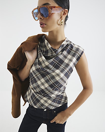 Brown Check Draped Tailored Top