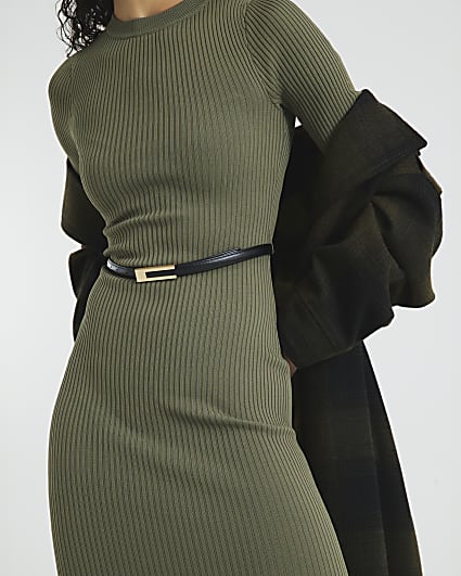 Khaki Short Sleeve Belted Midi Jumper Dress