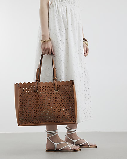 Brown Laser Cut Large Tote Bag