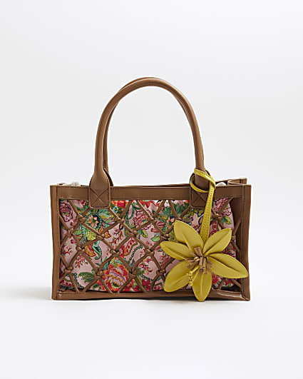 Brown Caged Flower Tote Bag