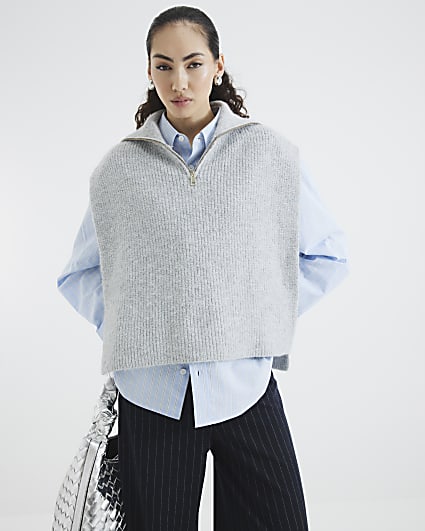 Grey Sleeveless Zip Funnel Neck Poncho