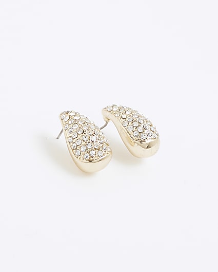 Gold Diamante Paved Teardrop Earrings