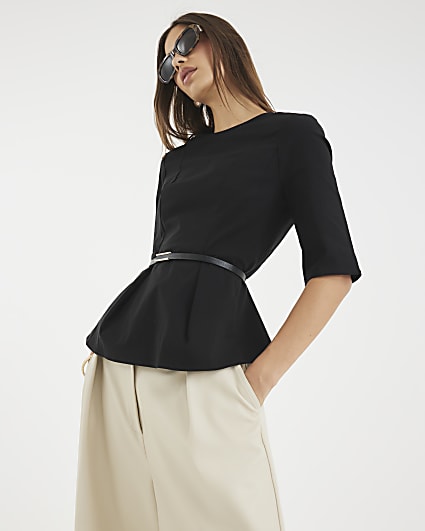 Black Short Sleeve Belted Top