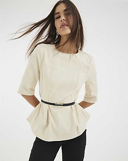Beige Short Sleeve Belted Top