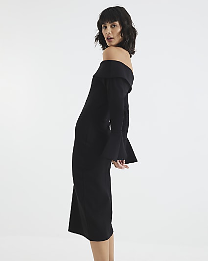 Black Flute Sleeve Bardot Midi Dress