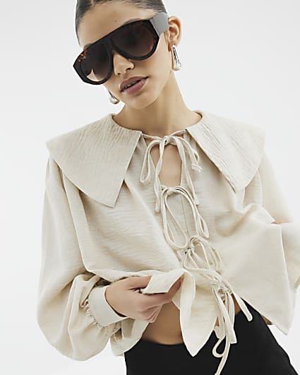 Beige Long Sleeve Collared Blouse