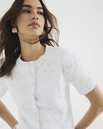 White Short Sleeve Floral Overlay Cardigan