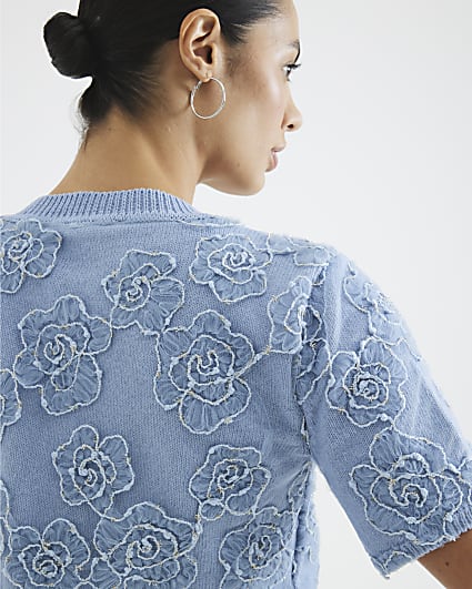 Blue Short Sleeve Floral Overlay Cardigan