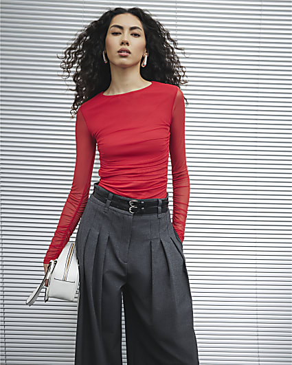 Red Long Sleeve Ruched Side Mesh Top