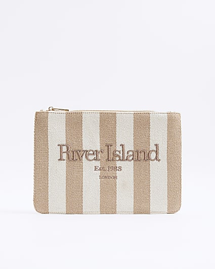 Beige Canvas Striped Beach Pouch