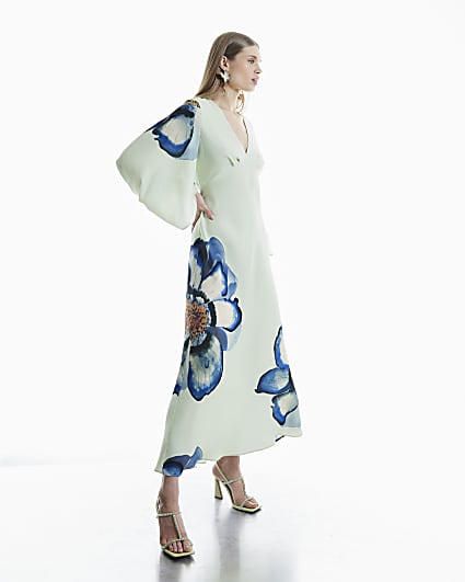 Green Floral Long Sleeve V-Neck Maxi Dress