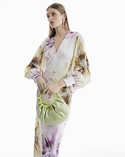 Green Floral Long Sleeve V-Neck Maxi Dress