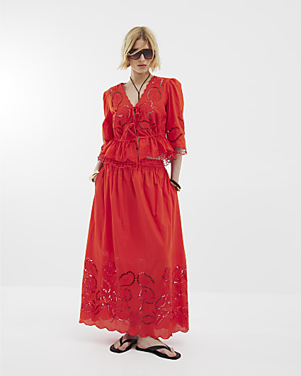 Red Broderie Cutwork Maxi Skirt