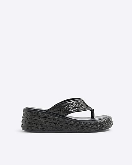 Black Raffia Platform Wedge Sandals