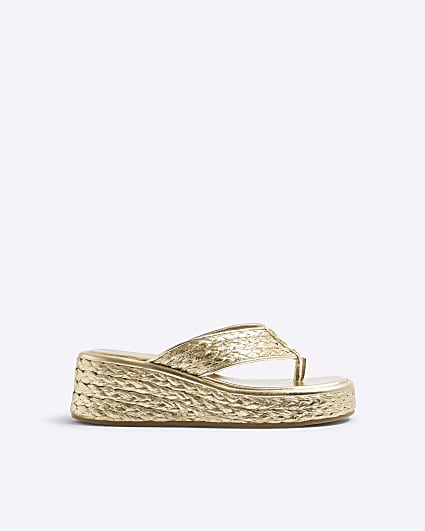 Gold Raffia Platform Wedge Sandals