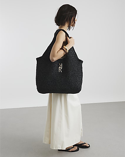 Black RR Raffia Shopper Bag