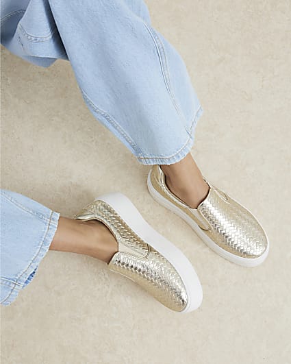 Gold Pull On Platform Trainers