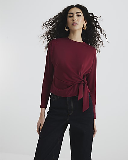 Red Long Sleeve Tie Top