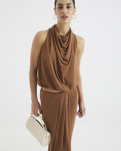 Brown Sleeveless Draped Cowl Neck Top