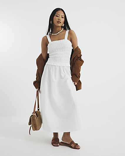 Petite White Shirred Midi Dress