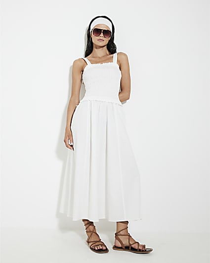 White Shirred Midi Dress