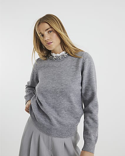 Grey Embellished Collar Sweatshirt