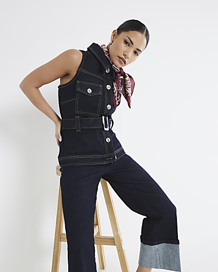 Petite Blue Denim Belted Top