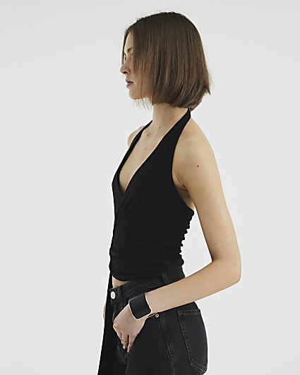 Black Halter Neck Tie Detail Slinky Top