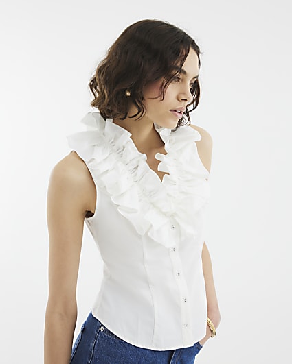 White Premium Ruffle Sleeveless Blouse
