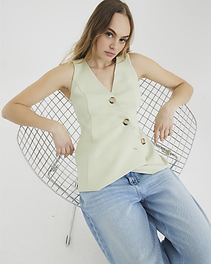 Green Sleeveless Asymmetric Button Waistcoat