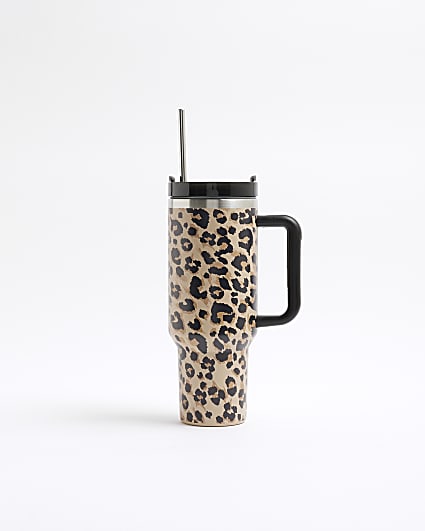 Brown Leopard Print Cup With Straw