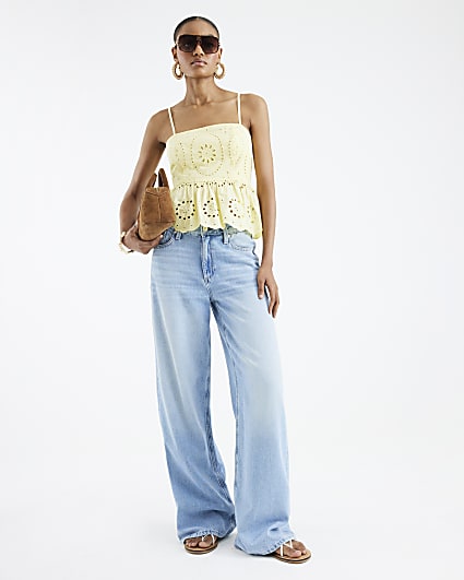Yellow Sleeveless Cutwork Peplum Cami Top