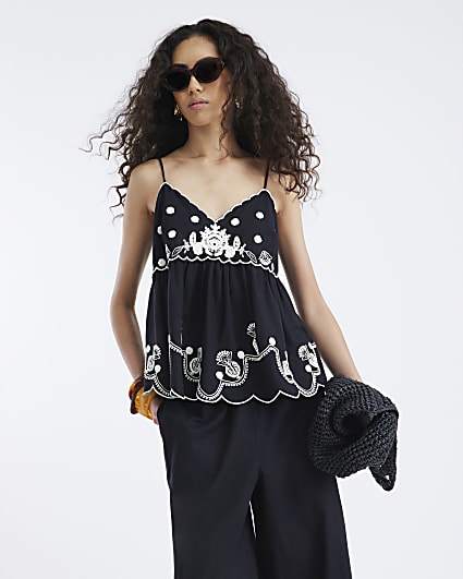 Black Sleeveless Peplum Embroidered Cami Top