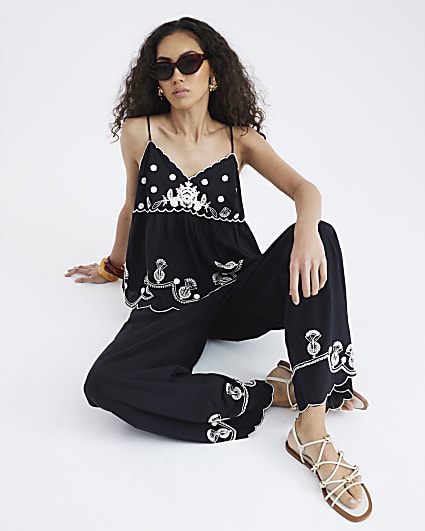 Black Embroidered Trim Wide Leg Trousers
