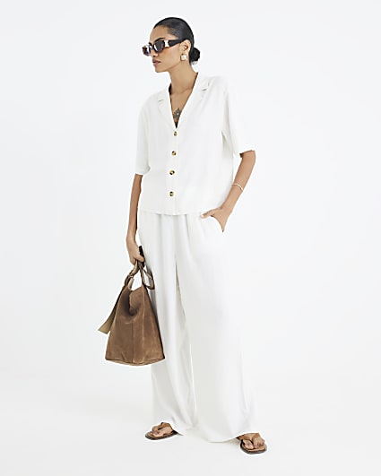 White Linen Blend Wide Leg Trousers