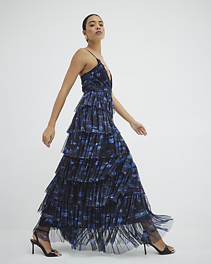 Blue Blur Abstract Print Tiered Maxi Dress