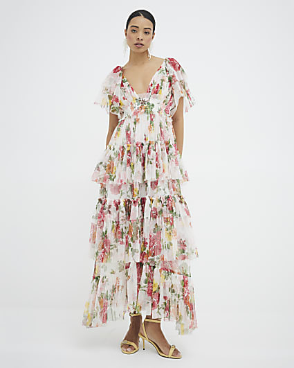 White Short Sleeve Floral Tiered Maxi Dress