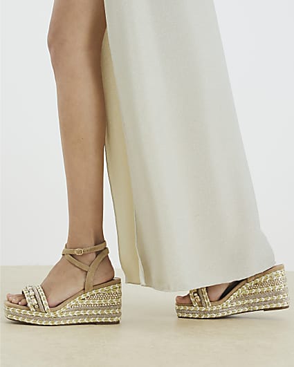 Cream Raffia Embellished Wedge Sandals