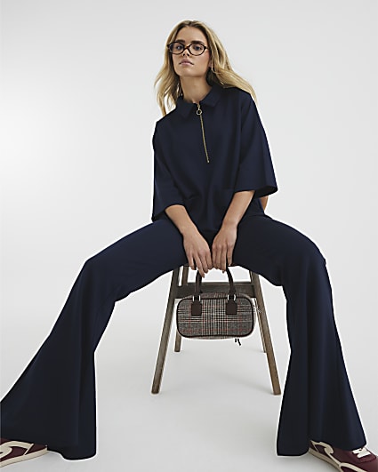 Petite Navy Ponte Flared Trousers