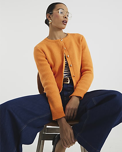 Orange Long Sleeve Button Cardigan