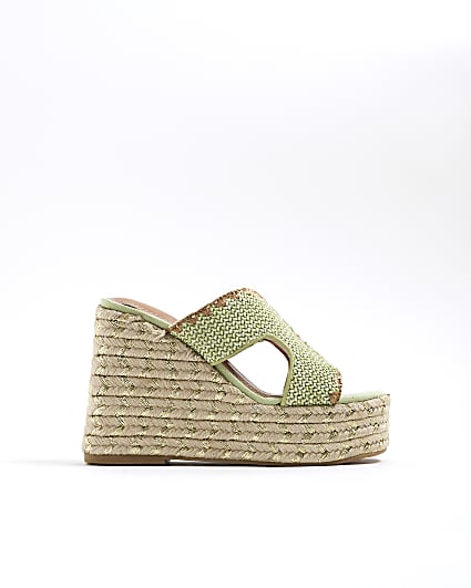 Green Stitch Detail Cut Out Wedge Sandals