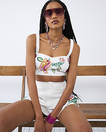 White Sleeveless Floral Embroidered Bralet