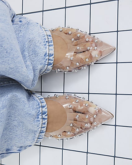 Clear Studded Laser Cut Pointed Flat Shoes