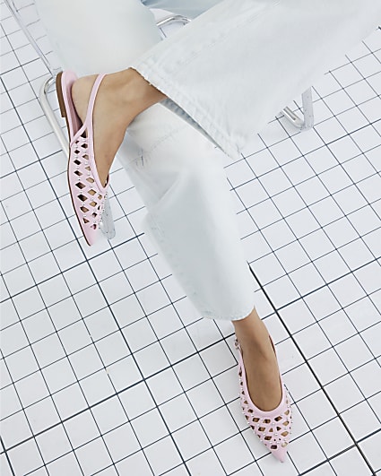 Pink Studded Laser Cut Pointed Flat Shoes